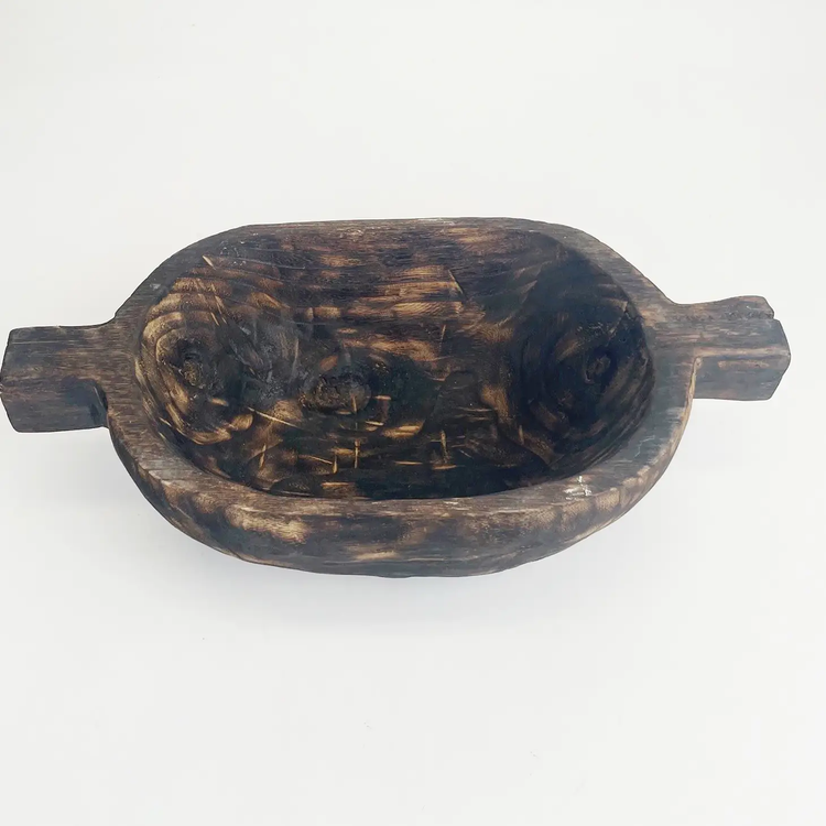 Paulownia Wood Oval Bowl with Handles in Charred Finish