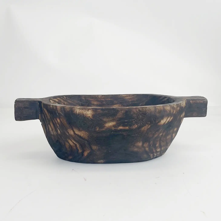 Paulownia Wood Oval Bowl with Handles in Charred Finish